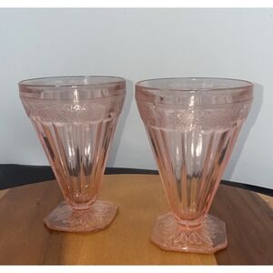 2- Pink Jeannette Adam Depression Footed Tumblers4‎ 1/2" Tall 1932-1934